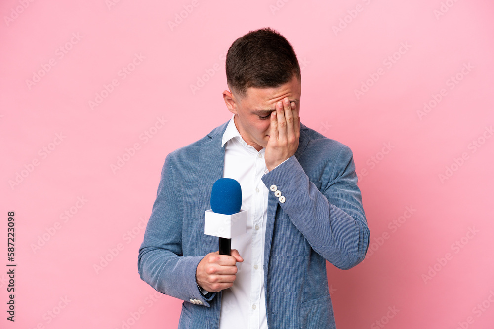 Young brazilian presenter man isolated on pink background with tired and sick expression Young brazilian presenter man isolated on pink background with tired and sick expression