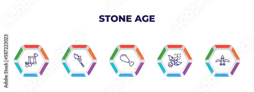 editable outline icons with infographic template. infographic for stone age concept. included dolmen, spear, chicken leg, meteor, pterodactyl icons.