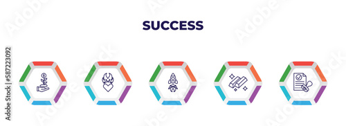 editable outline icons with infographic template. infographic for success concept. included investment, passion, startup, gold ingots, approval icons.