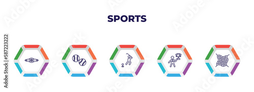 editable outline icons with infographic template. infographic for sports concept. included boxer with belt, baseball ball, golf player hitting, man award, fishing net icons.