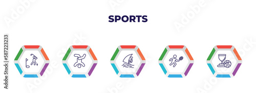 editable outline icons with infographic template. infographic for sports concept. included golf player, breakdancing dancer, windsurf sea, man playing badminton, basketball champion icons.