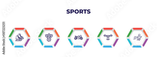 editable outline icons with infographic template. infographic for sports concept. included ice skates, soccer football ball, motor sports, weight lifting, man sprinting icons.