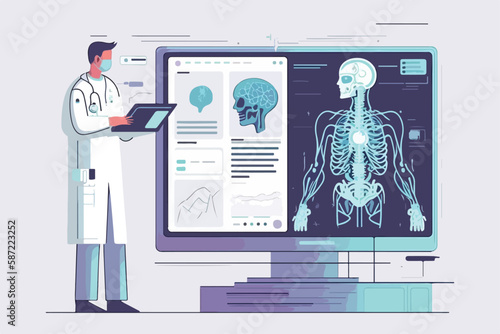 Doctor uses AI for medical diagnosis. Flat style vector illustration. Human interaction with a neural network concept. Generative AI 