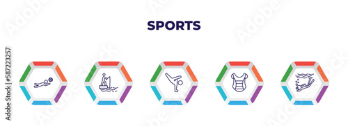 editable outline icons with infographic template. infographic for sports concept. included volleyball motion, fisher fishing, capoeira, chest guard, snow slide zone icons.