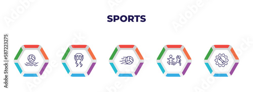 editable outline icons with infographic template. infographic for sports concept. included waterpolo, drift car, volleyball ball, excercise, equipment icons.