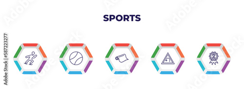 editable outline icons with infographic template. infographic for sports concept. included ice skating man, tennis sport ball, foil, left bend, second prize icons.