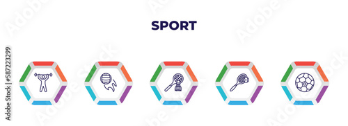 editable outline icons with infographic template. infographic for sport concept. included weightlifter, volleyball, badminton, tennis, soccer ball icons.