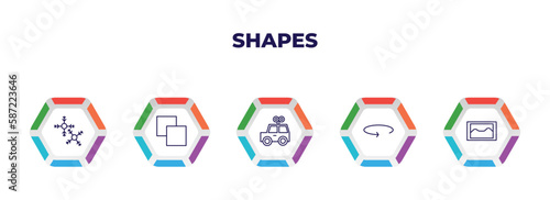 editable outline icons with infographic template. infographic for shapes concept. included two snow flakes, minus front, toys, 360, foto icons.