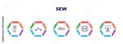 editable outline icons with infographic template. infographic for sew concept. included water spray, clothes hanger, tape, button, cutting icons.