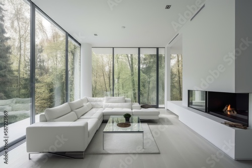 interior living room with brilliant clean white walls  open green forest outlook  and minimalist furniture. Generative AI