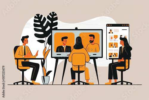 People on remote work using video call for online conference discuss business strategy, looking at meeting on computer screen. Communication technology concept, flat cartoon illustration generative AI © Maryna