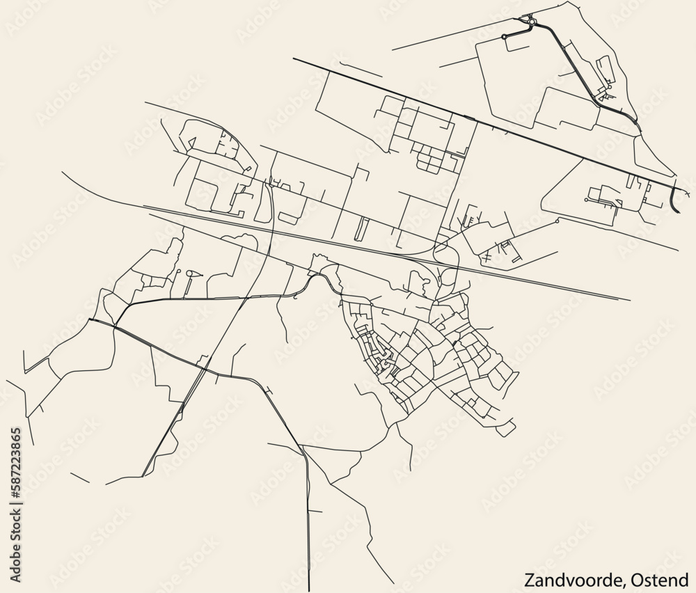 Detailed hand-drawn navigational urban street roads map of the ZANDVOORDE MUNICIPALITY of the Belgian city of OSTEND, Belgium with vivid road lines and name tag on solid background