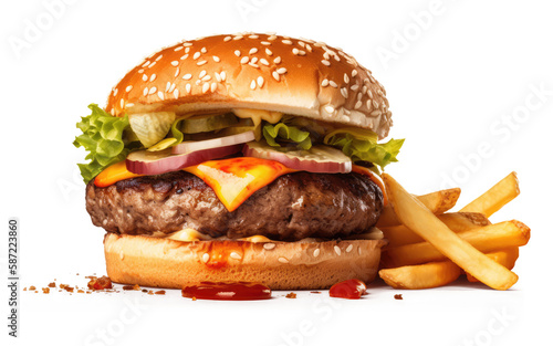 Delicious Burger with French Fries on a Transparent Background - Generative AI