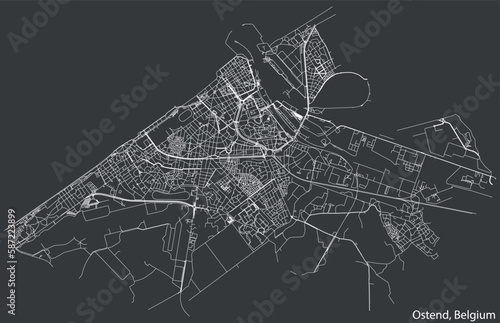 Detailed hand-drawn navigational urban street roads map of the Belgian city of OSTEND, BELGIUM with solid road lines and name tag on vintage background