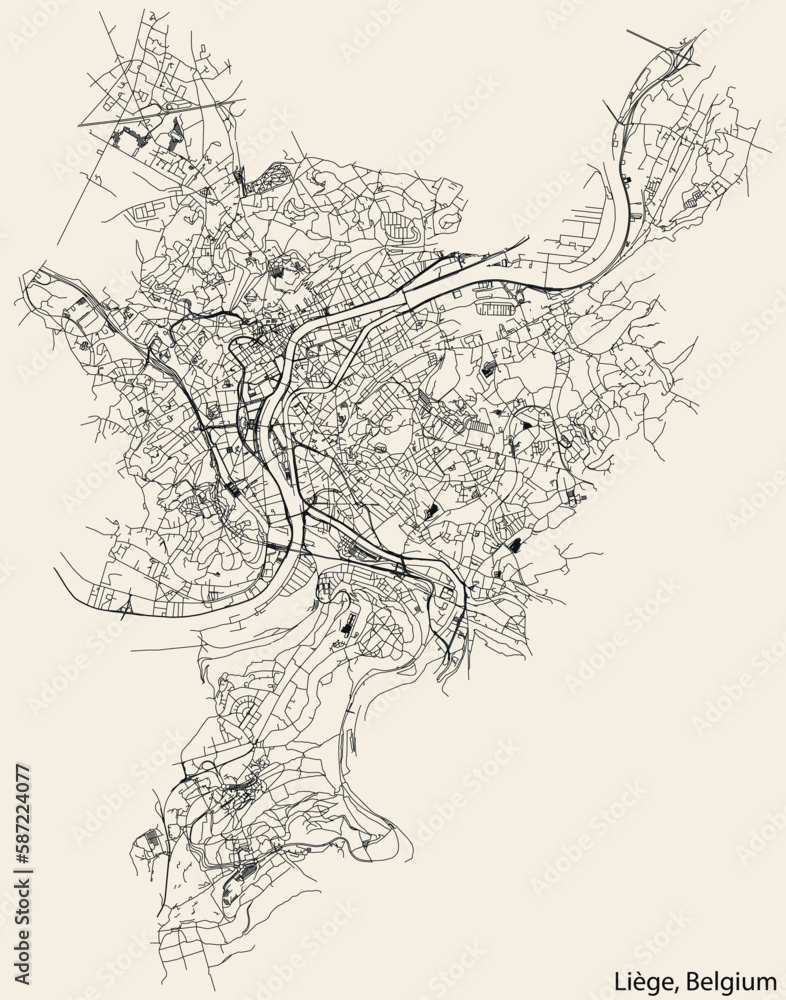 Detailed hand-drawn navigational urban street roads map of the Belgian city of LIÈGE, BELGIUM with solid road lines and name tag on vintage background