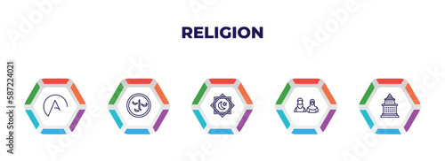 editable outline icons with infographic template. infographic for religion concept. included atheism, induence, rub el hizb, muslim, doi suthep icons.