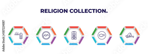 editable outline icons with infographic template. infographic for religion collection. concept. included ramadan sunrise, haram, old oil lamp, inclined fish, ruku posture icons.