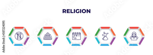 editable outline icons with infographic template. infographic for religion concept. included fasting, minbar, ramadan month, sufi mystic, adhan call icons.