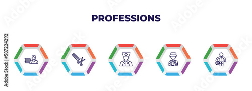 editable outline icons with infographic template. infographic for professions concept. included librarian, hairdresser, physician assistant, fisherman, basketball player icons.