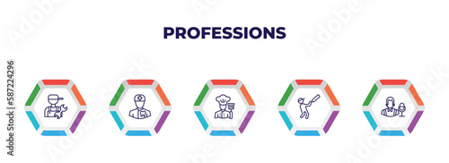 editable outline icons with infographic template. infographic for professions concept. included plumber, orthodontist, cooker, cricket player, showman icons.