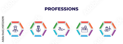 editable outline icons with infographic template. infographic for professions concept. included pilot, driver, archeologist, clerk, wind turbine technician icons.