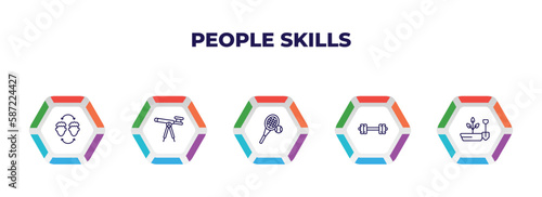 editable outline icons with infographic template. infographic for people skills concept. included empathy, antique telescope, tennis player, body building, gardener icons.