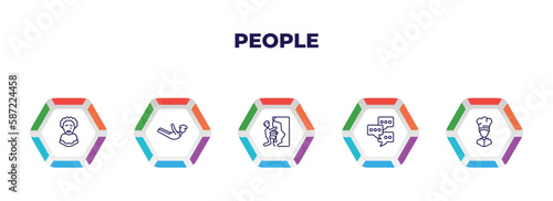 editable outline icons with infographic template. infographic for people concept. included pierrot, locust, climbing sport, chat group, cook icons.