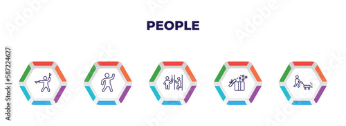 editable outline icons with infographic template. infographic for people concept. included flag semaphore language, dancing man, pregnant priority, open present box, person mowing the grass icons.
