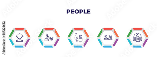 editable outline icons with infographic template. infographic for people concept. included chinese man, man pushing child, criminal heist, students, chef uniform icons.