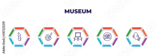 editable outline icons with infographic template. infographic for museum concept. included venus de milo, painting, exhibit, no photo, audio guide icons.
