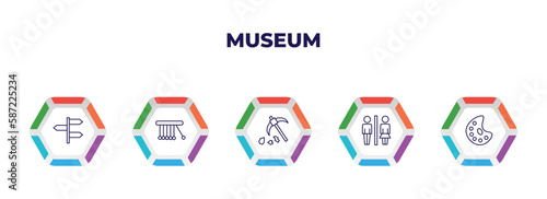 editable outline icons with infographic template. infographic for museum concept. included , newtons cradle, geological, restroom, palette icons.