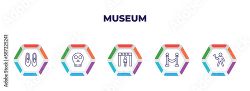 editable outline icons with infographic template. infographic for museum concept. included ballet, anthropology, metal detector, museum fencing, excursion icons.