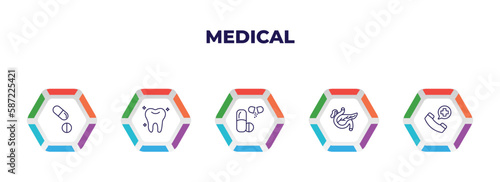 editable outline icons with infographic template. infographic for medical concept. included tablets, teeth, drugs, pancreas, emergency call icons.