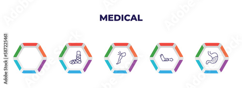 editable outline icons with infographic template. infographic for medical concept. included eye drops, plastered foot, knee, inhalator, stoh icons.