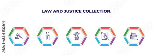 editable outline icons with infographic template. infographic for law and justice collection. concept. included gavel, pepper spray, crime scene, investigation, stenographer icons.