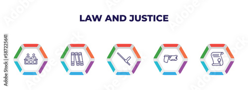 editable outline icons with infographic template. infographic for law and justice concept. included jury, practise areas, baton, electroshock weapon, scroll with law icons.
