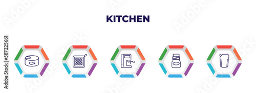 editable outline icons with infographic template. infographic for kitchen concept. included conserve, kitchen mitten, coffee hine, jar, ketchup icons.
