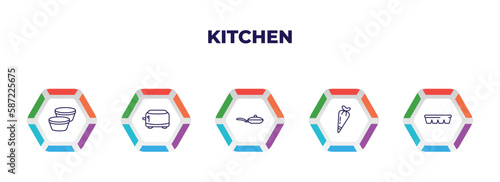 editable outline icons with infographic template. infographic for kitchen concept. included custard cup, toaster, frying pan, pastry bag, ice cube tray icons.