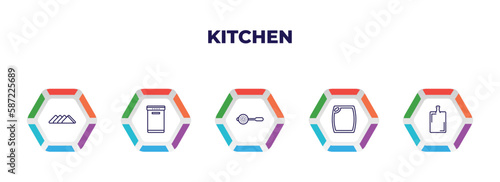 editable outline icons with infographic template. infographic for kitchen concept. included napkin, dishwasher, sugar sifter, cutting board, kitchen board icons.