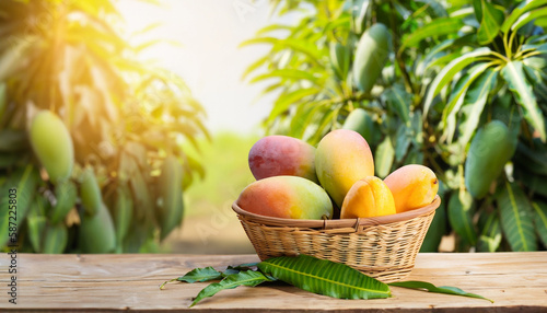 Mango in basket with leaves on wooden table with sunlight background