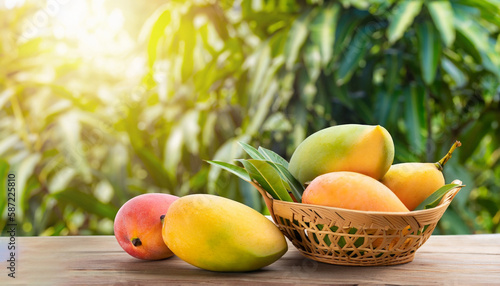 Mango in basket with leaves on wooden table with sunlight background