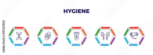 editable outline icons with infographic template. infographic for hygiene concept. included cotton swabs, sanitary napkin, depilator, ear buds, dryer icons.
