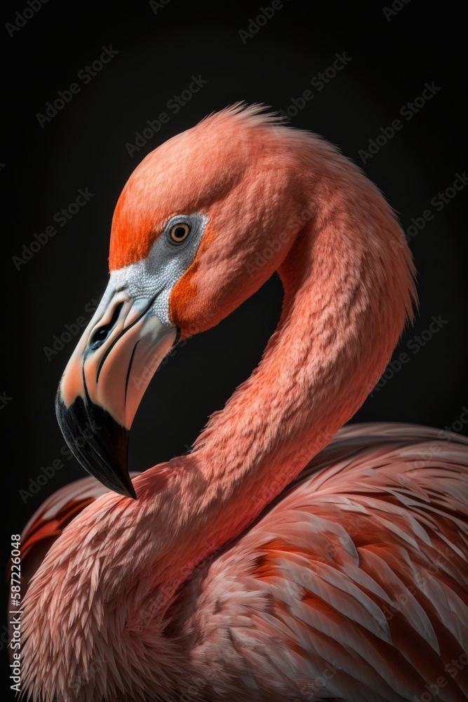 Obraz premium Portrait of a flamingo on a black background, Generative AI