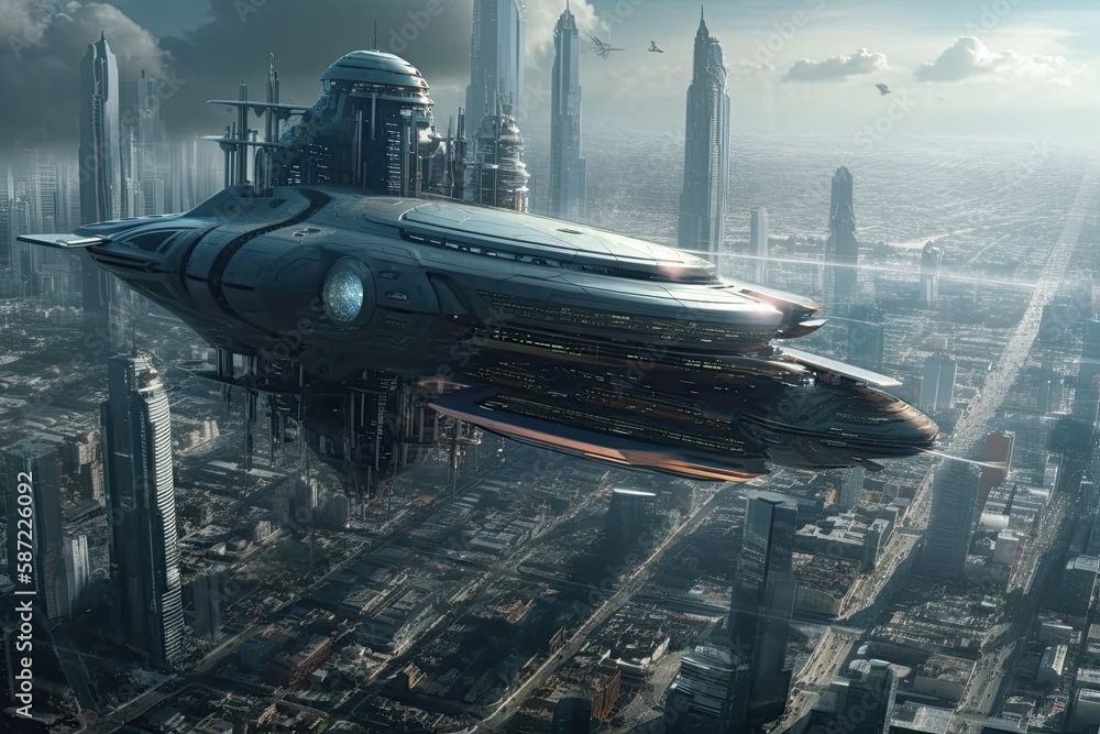 futuristic city with a flying saucer hovering above. Generative AI futuristic city with a flying saucer hovering above. Generative AI