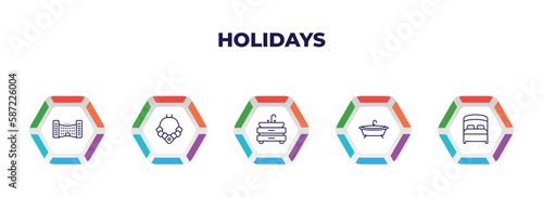 editable outline icons with infographic template. infographic for holidays concept. included hotel building, flower necklace, basin, bathtube, bed icons.