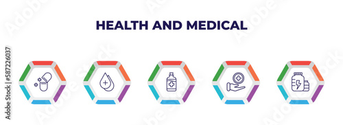 editable outline icons with infographic template. infographic for health and medical concept. included antibiotics, blood drop, syrup, health care, proteins icons.