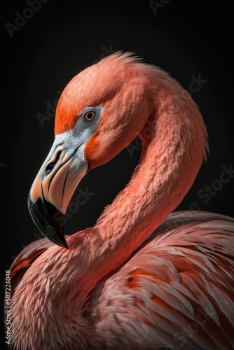 Portrait of a flamingo on a black background, Generative AI
