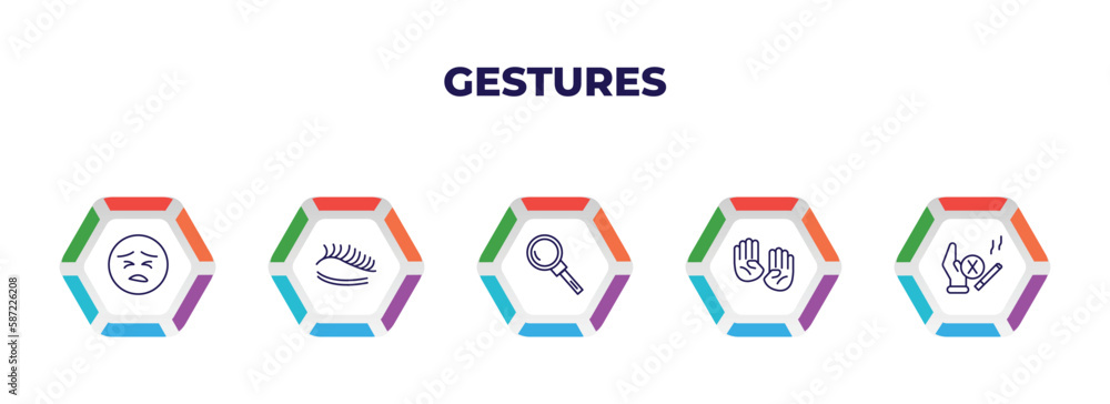 editable outline icons with infographic template. infographic for gestures concept. included sad face, eyelash, look up, deaf, give up smoking icons. editable outline icons with infographic template. infographic for gestures concept. included sad face, eyelash, look up, deaf, give up smoking icons.