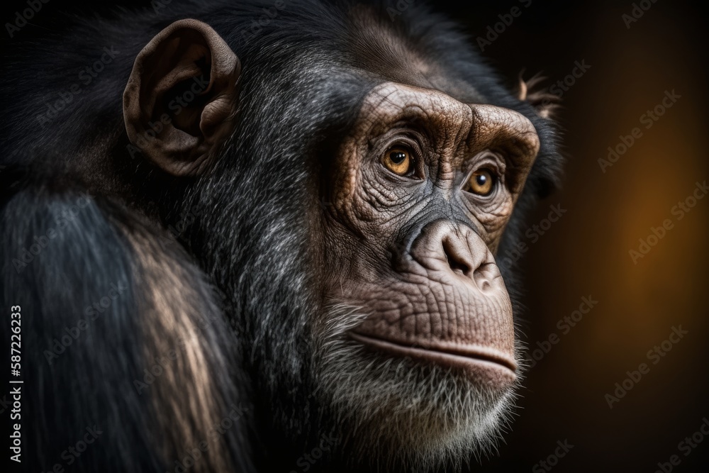 Fototapeta premium Chimpanzee portrait on dark background, close-up. Generative AI