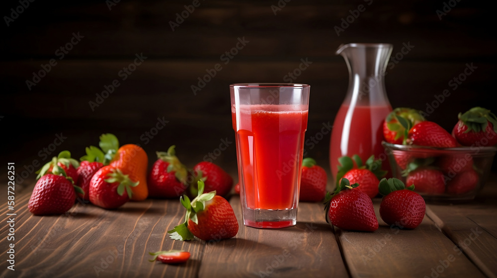 Healthy and tasty strawberry juice with some strawberry fruits on the table. Black background. Healthy and tasty strawberry juice with some strawberry fruits on the table. Black background.